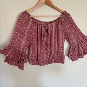 Pink Ruffled Bell Sleeve Tie Button Front Crop Flowy Boho Blouse